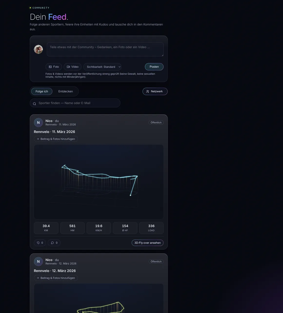 Community-Feed mit Beitrag, 3D-Fly-Over und Kudos