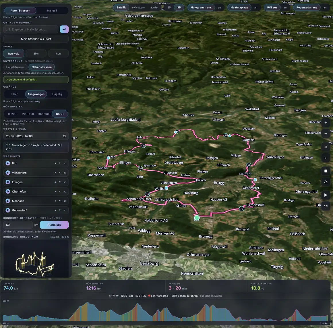 Routenplaner mit 3D-Karte, Route und Rundkurs-Hologramm